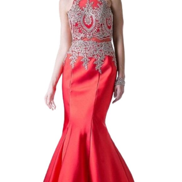 NWT Ladivine 8934 Metallic lace embroid Evening Dress Red Size 8 - Picture 3 of 7